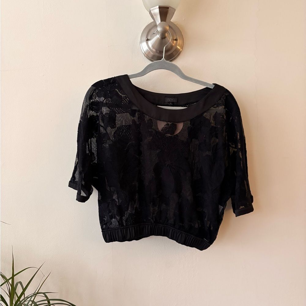 NWT Sen Black Lace Blouse Short Sleeve Top Size S Romantic Gothic Feminine